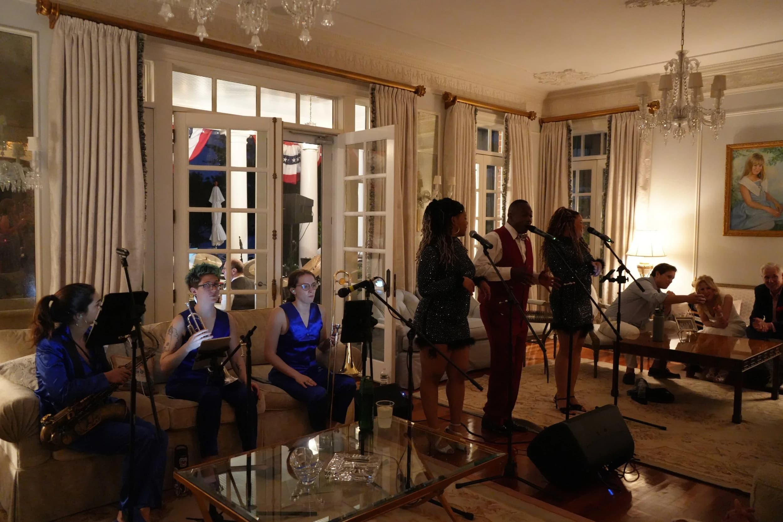The band performing for a packed room